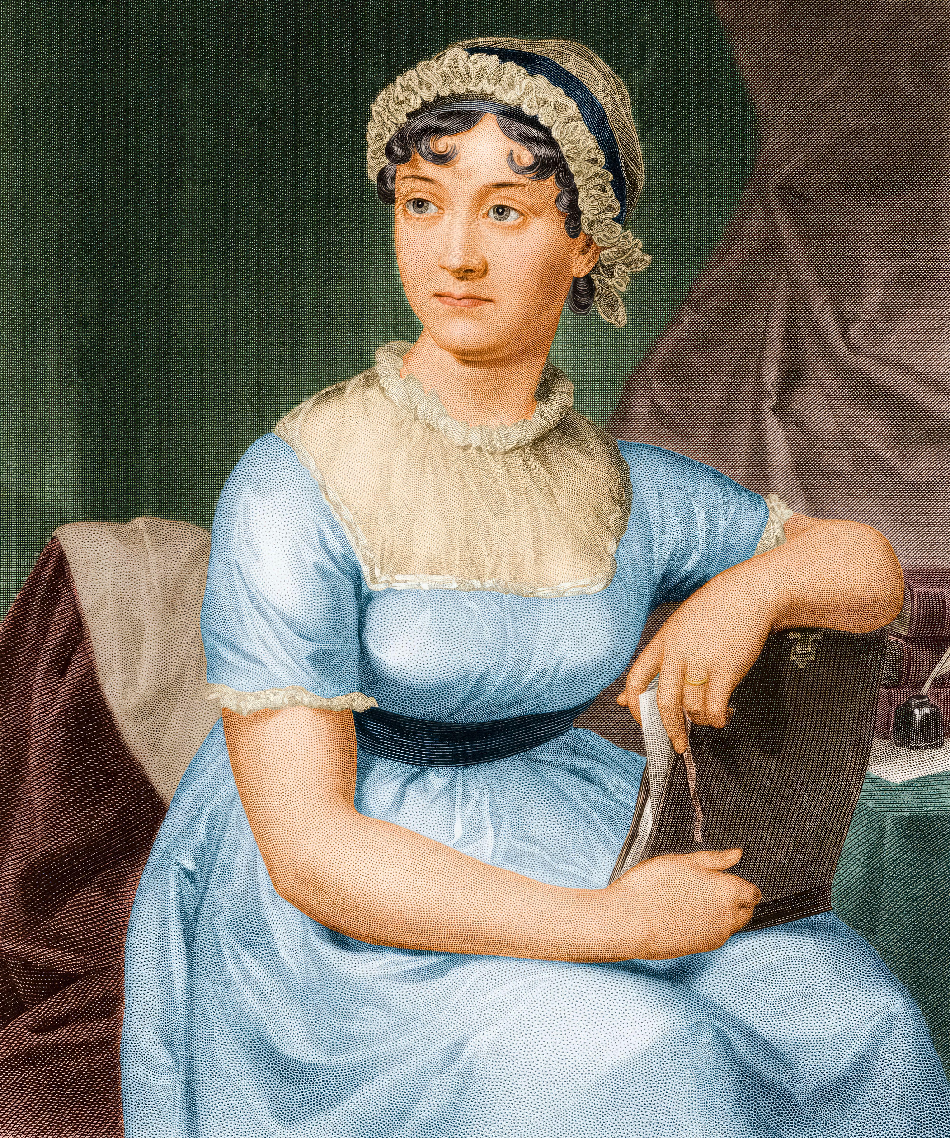 Hand-colored portrait engraving of Jane Austen.