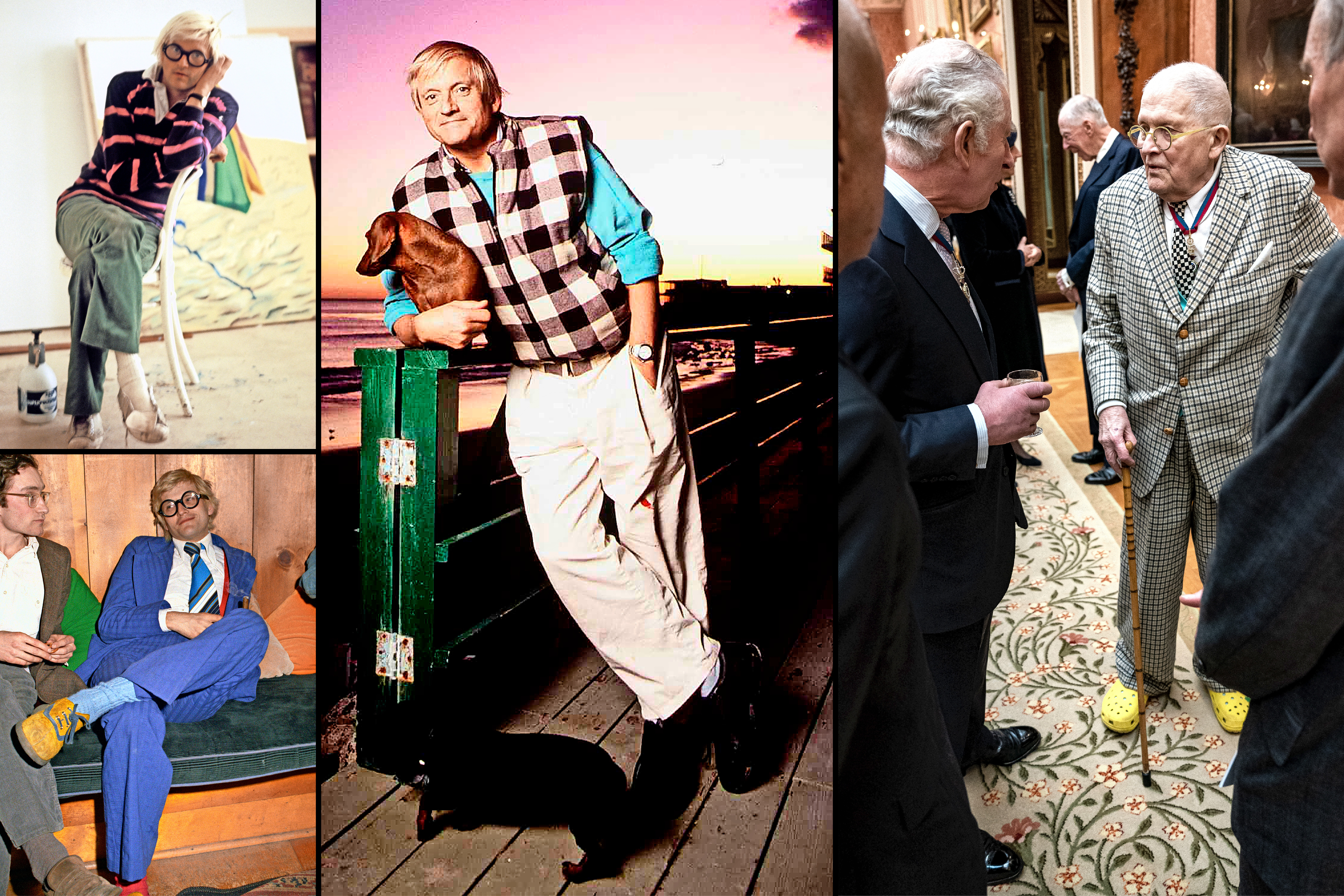 Collage of David Hockney throughout his life.